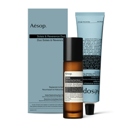 Un flacon pompe de Serum Nourrissant pour les Mains Solais  et un tube de Baume Aromatique Reverence pour les Mains reunis dans un coffret 