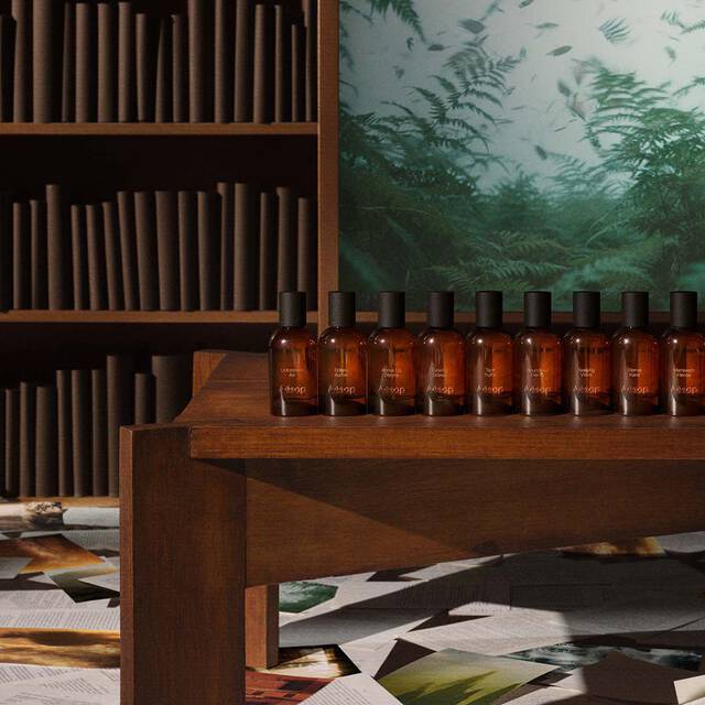 Une rangee de flacons de parfum en verre ambre Aesop exposes sur une etagere en bois devant une bibliotheque et une oeuvre d'art verte.