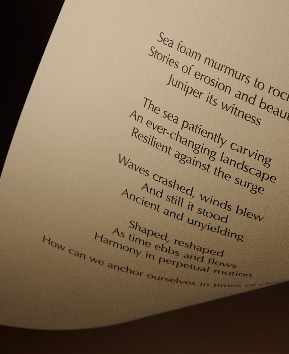 Extrait de poeme sur papier creme, dont un coin est replie, sur fond brun profond.