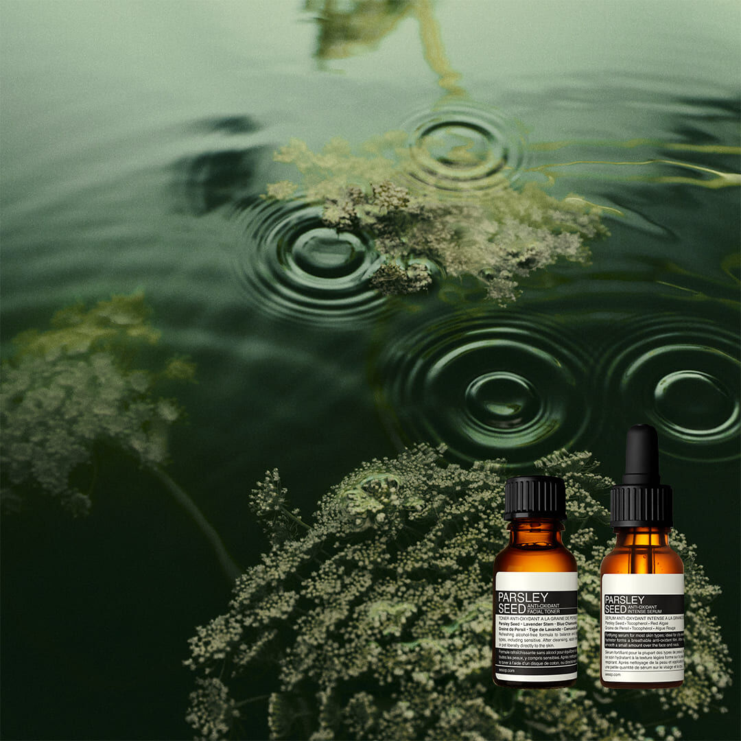 Two Aesop amber dropper bottles resting on submerged green moss beneath serene, rippling dark water.