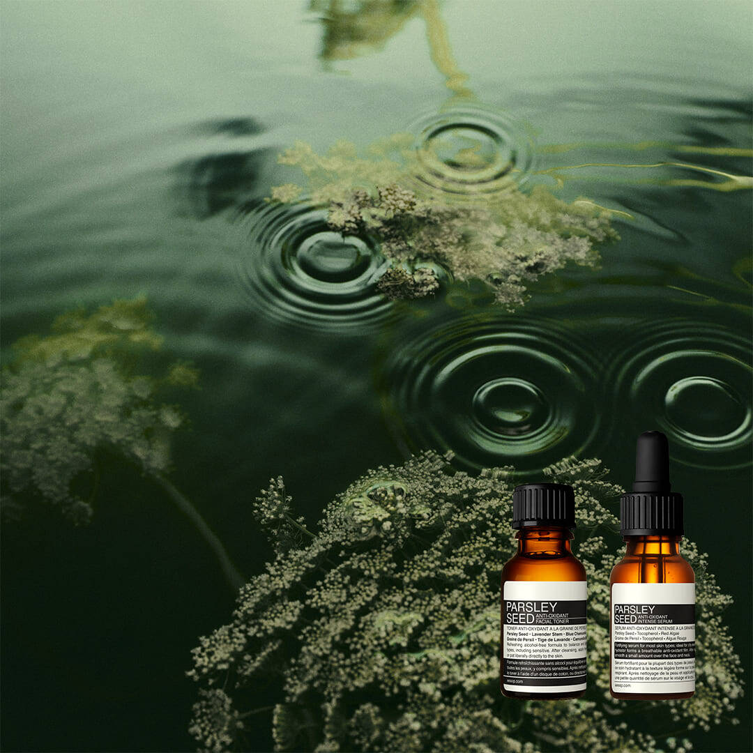 Two Aesop amber dropper bottles resting on submerged green moss beneath serene, rippling dark water.