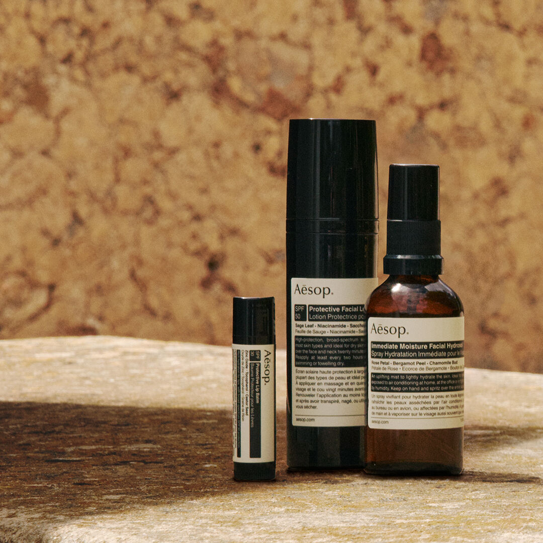 A curated selection of Aesop sun protection formulations arranged on a sunlit stone surface against a warm, earth-toned wall.