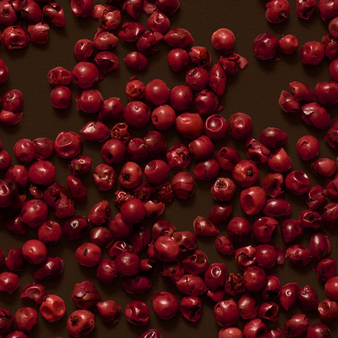 Close-up of red berries scattered across a dark brown surface.